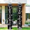 Happy New Year Porch Banner Holiday Party Decoration Black And Silver Hanging Door Sign Outdoor Indoor Festive Wall Decor Snowflake Reindeer Design