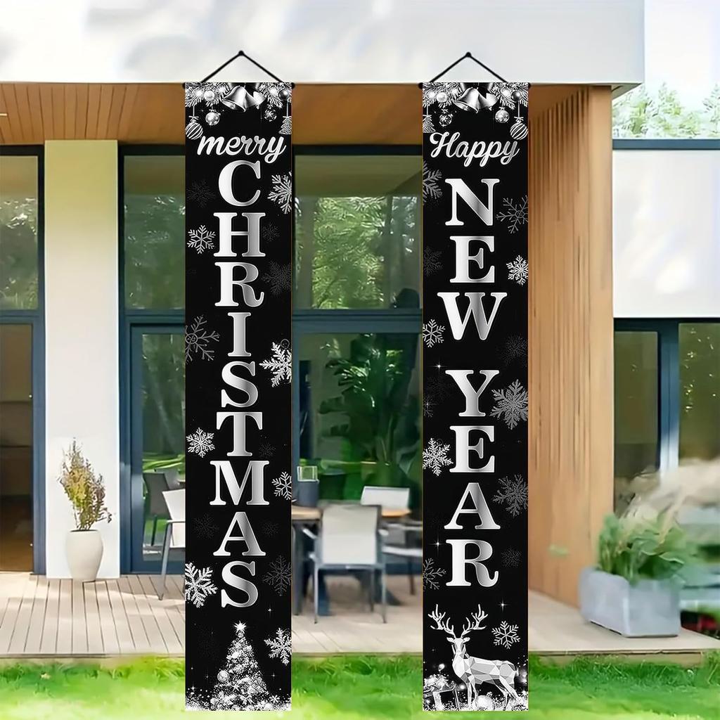 Happy New Year Porch Banner Holiday Party Decoration Black And Silver Hanging Door Sign Outdoor Indoor Festive Wall Decor Snowflake Reindeer Design
