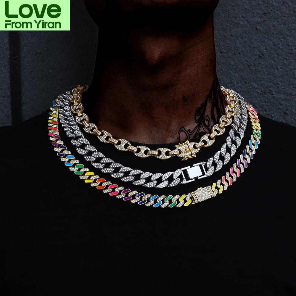 

Ожерелье Iced Out Cuban Link Chain с золотыми стразами для мужчин, ожерелье Bling Rapper для мужчин, хип-хоп, Corrente Masculina 30inches(75cm)