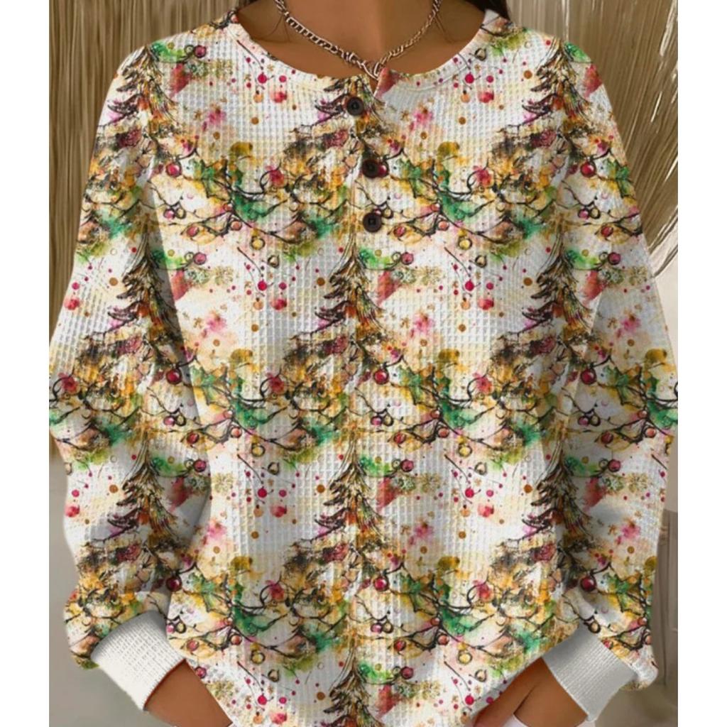 Women's Crew Neck Long Sleeve Waffle Knit Henley Top Loose Fit Casual Sweatshirt