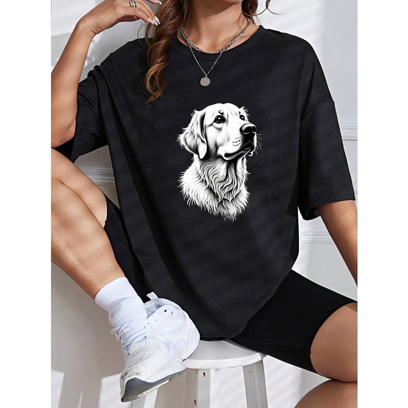 Women Casual T Shirt White Golden Retriever Dog Print For Everyday Wear