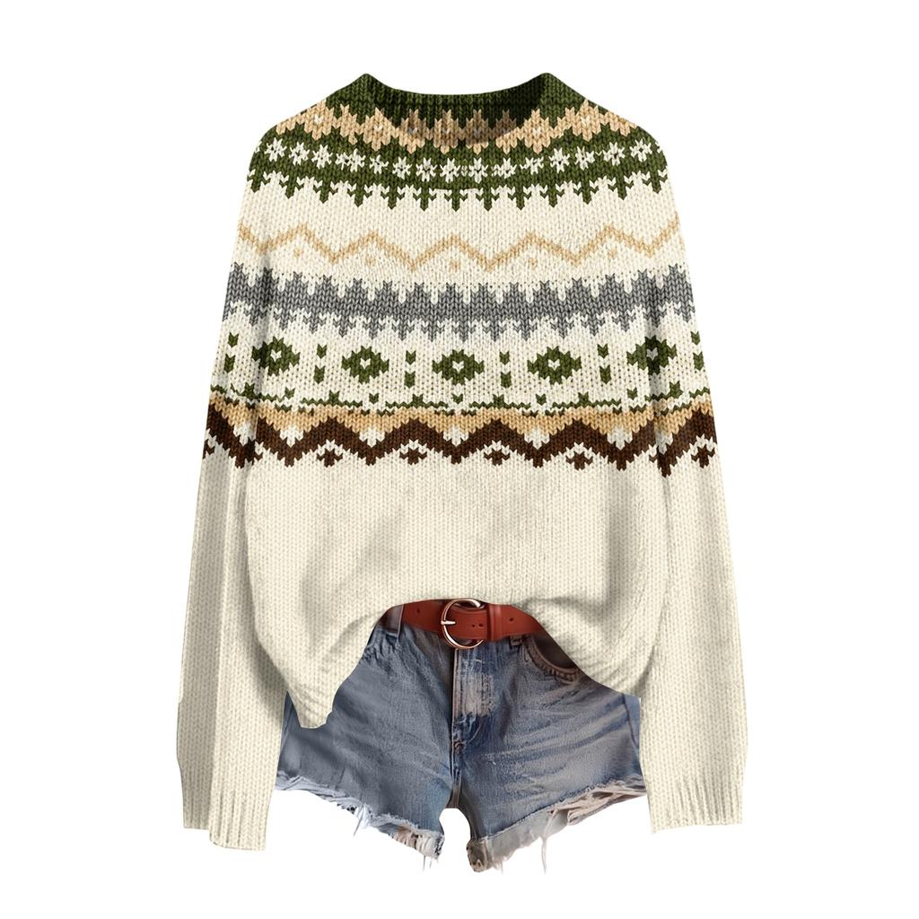 Women's Soft Printed Neck Long Sleeve Sweater for Fall and Winter