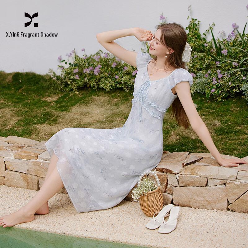 

Xiangying Women s French Style Blue Tie-dye Floral Puff Sleeve Midi Dress