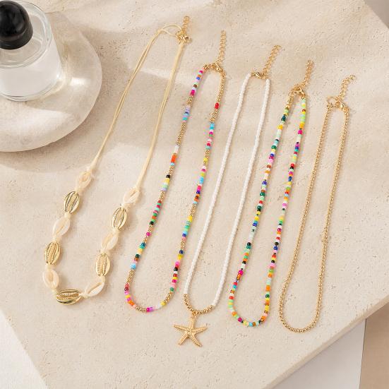 5Pcs Layered Boho Shell Beaded Necklaces for Women, Fashion Bohemia Adjustable Length Necklace, Beach Starfish Beach Necklace, Ocean Vacation Jewelry