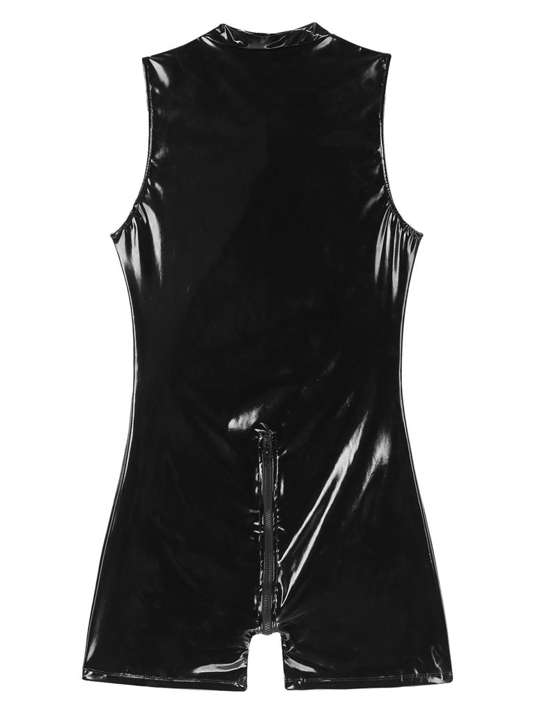 Men's Wet Look Patent Leather Bodysuit Long Sleeve Zipper Jumpsuit Catsuit Clubwear