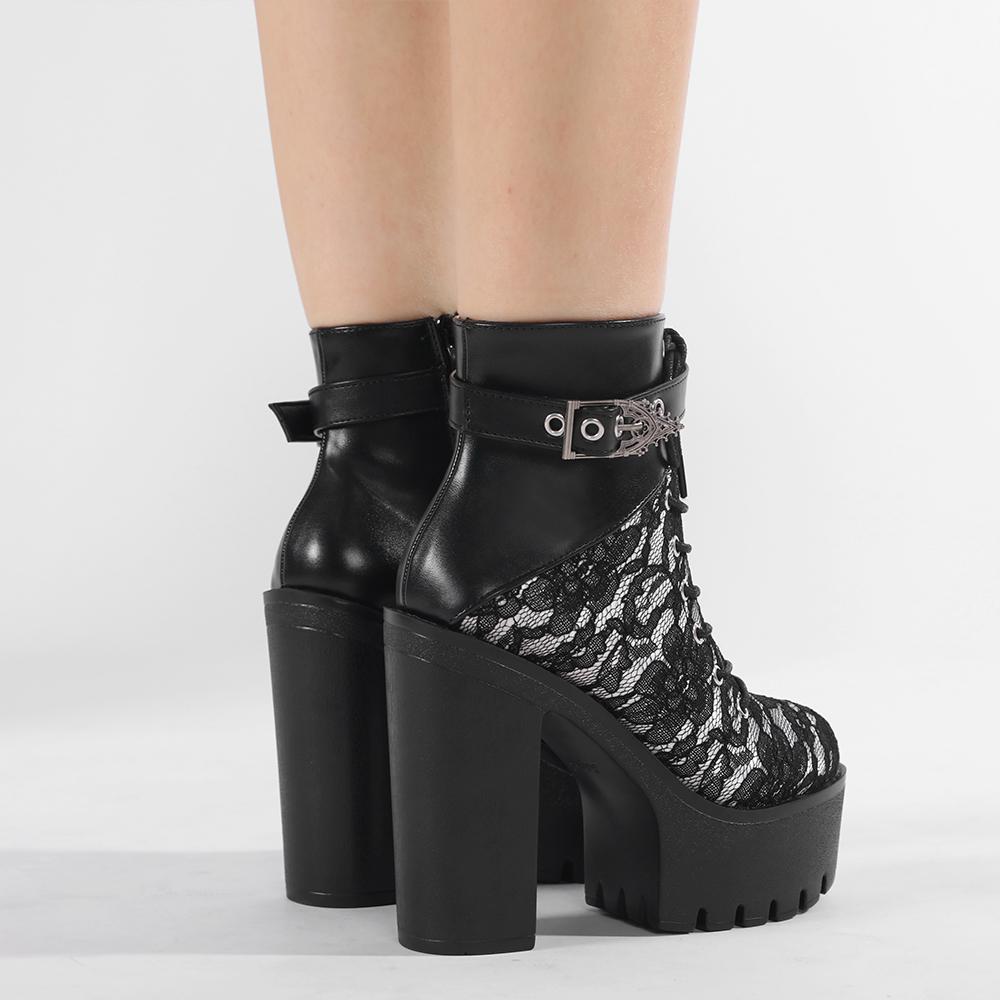 Gdgydh Women Ankle Boots Buckle Strap Block High Heels Platform Boots Lace Up Party Booty Side Zipper Lace Flower White Black