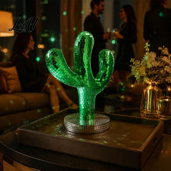 Creative Shiny Cactus Figurine Disco Ball Statue Green Mirror Mosaic Decor Retro Decorative Object for Entryway Table Ornament Home Christmas Party