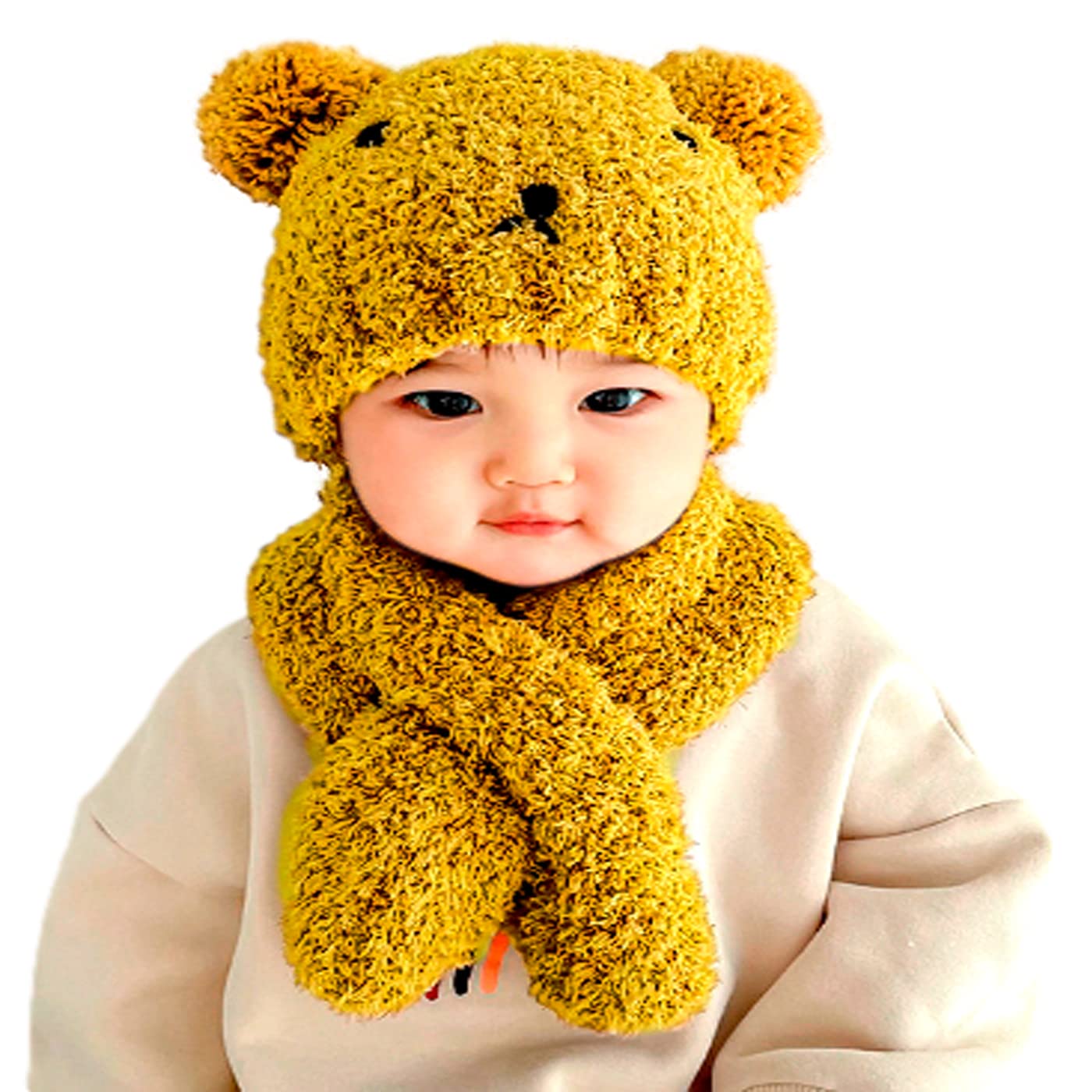 

miaotti Baby Knit Hat and Scarf Set Bear Cold One Size Fits All Ages (2 Pieces) - Design, Newborn, Winter, Protection, 0-2 (Yellow)