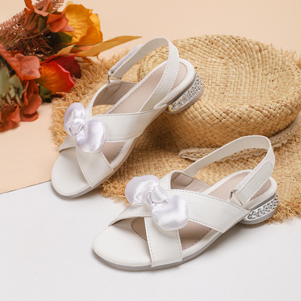 Girls  White Rhinestone Bow Low-Heel Sandals 32