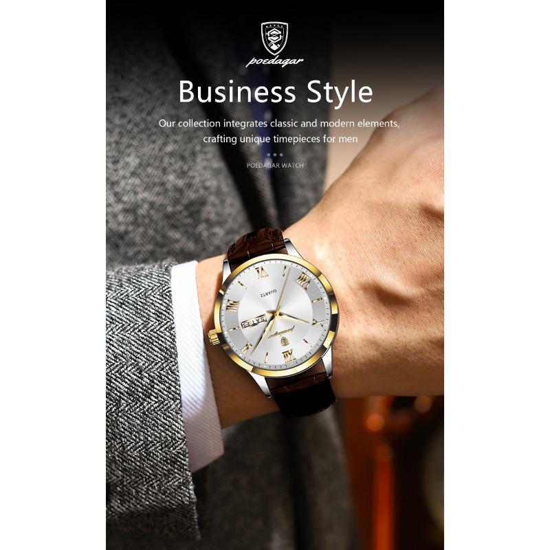 POEDAGAR Luxury Fashion Watch for Man Leather Date Week Casual Quartz Clock Waterproof Luminous Business Watches Reloj