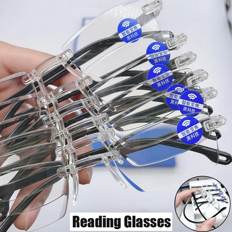 Diamond Cutting Reading Glasses for Women Men Anti Blue Ray Presbyopia Eyeglasses Vintage Rimless Bifocal Far Near Sight Eyewear