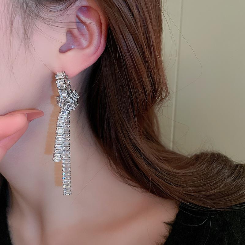Zircon knotted long tassel silver needle earrings Korean niche elegant light luxury earrings 