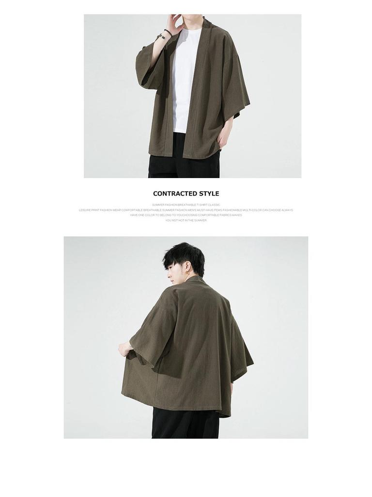 2023 Summer Men's Loose Solid Color Seven-Sleeve Cardigan - Casual Chinese Style, Plus Size
