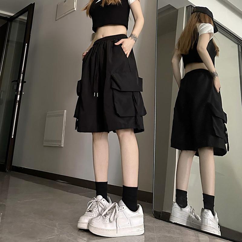 Summer Cargo Shorts Women Black Oversized Wide Leg Shorts Streetwear Fashion High Waist Baggy Short Pants