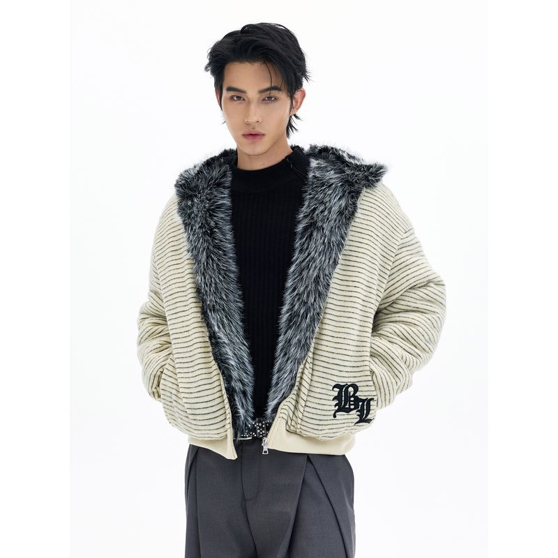 Kisko American Retro Mountain Carving Striped Thick Hooded Cotton Jacket for Men and Women, Winter Loose Warm Coat for Couples