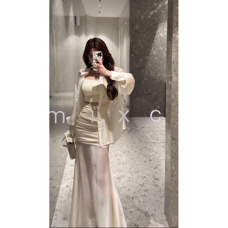 

2025 Korean Style Gentle Mesh Patchwork Pleating High Waist Sheath Skirt Women s Elegant Texture Fog Yarn Mermaid Dress Suspenders M