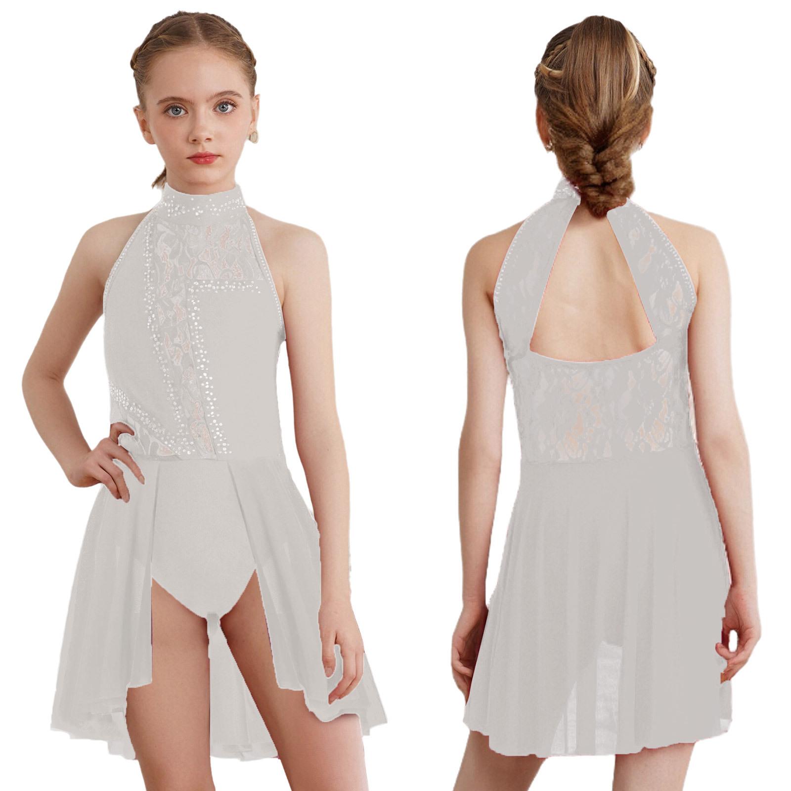 

Современное лирическое танцевальное платье для девочек, цветочное кружево, стразы, купальник, пачка, балет, фигурное катание, гимнастика, сценическая танцевальная одежда 9-10 Years слоновая кость