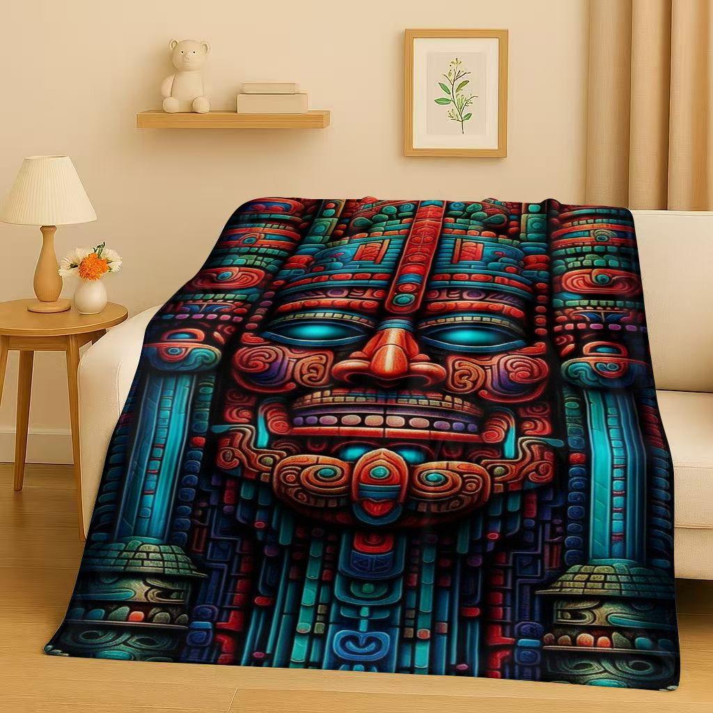 Retro Aztec Totem Maya Mask Sun God Flannel Blanket,Ultra Soft Warm Plush Throw for Home Bedroom Bed Sofa Cover Office Gift Kids