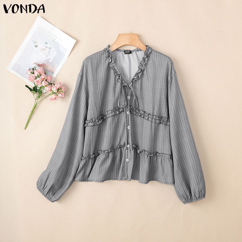 VONDA Women Ruffled V Neck Loose Casual Long Sleeve Plaid Print Blouse