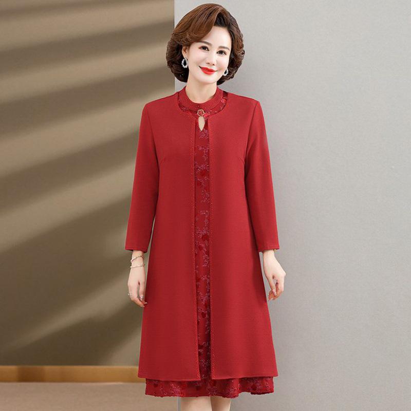 

Элегантный комплект из двух частей с юбкой и длинными рукавами для женщин среднего возраста - весна и осень 5XL (150-160 jin) красный