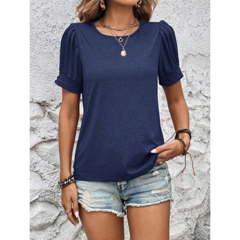 Women's Spring and Summer New Round Neck Loose Buttons Decorated Short-sleeved T-shirt Tops