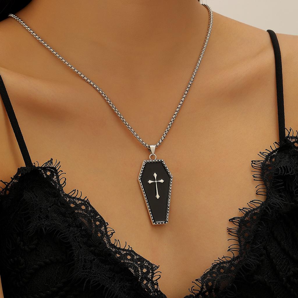 Coffin Cross Pendant Box Chain Necklace for Women