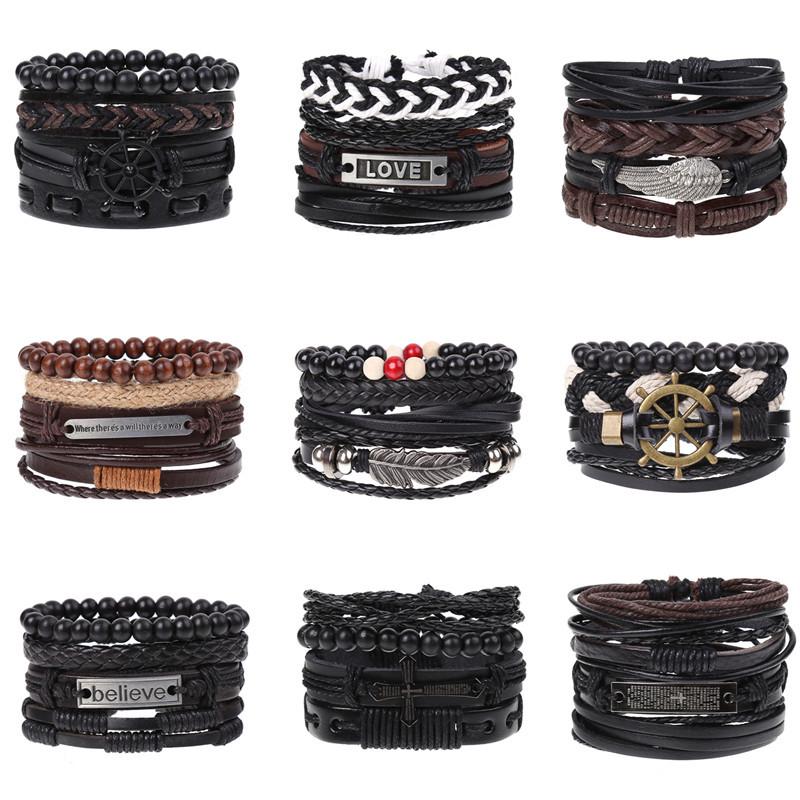 Retro Woven Cowhide Leather Men's Bracelet Set - European & American Handmade DIY Knot