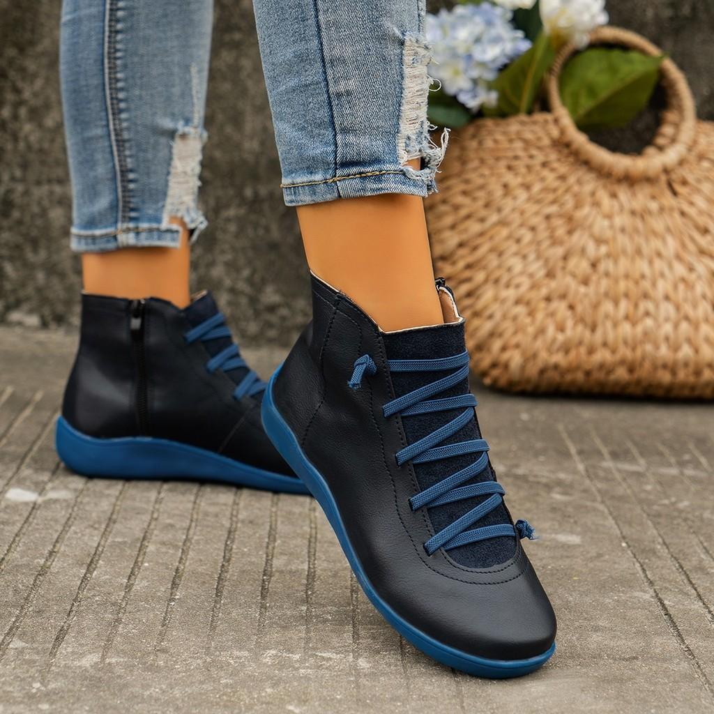 Stilvolle Damen klobige Martin Boots niedrig geschnitten runde Spitze Schnürung in trendigen Farben