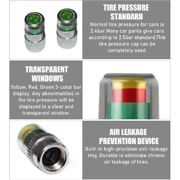 4 PCS Tire Pressure Monitor Valve Stem Caps, 2.4Bar 36PSI Car Tire Pressure Monitor Sensor Indicator with 3-Color Eye Alert, Universal Valve Stem