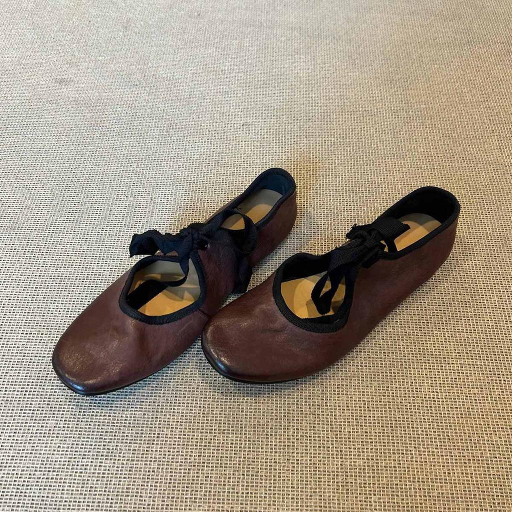 Sheepskin version~ niche literary and artistic style light mouth ballet shoes women's versatile retro contrasting color lace-up flat-soled soft