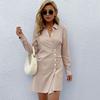 Fashion Women's Lapel Solid Color Cotton and Linen Long Sleeve Shirt Dress