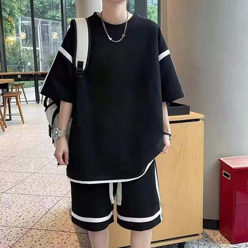 Summer Short-sleeved T-shirt Casual Two-piece Boys Loose Ice Silk Shorts Handsome All-match Youth Thin Suit