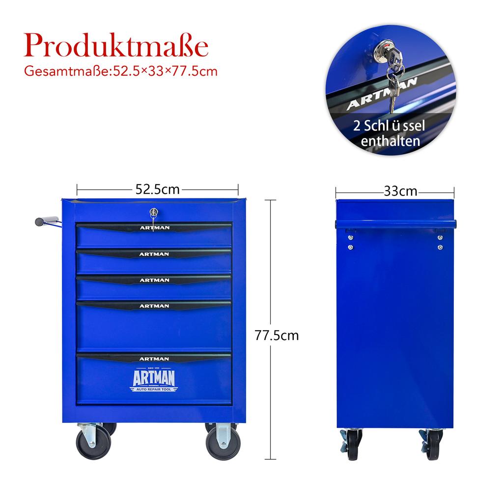 Mobile Metal Tool Cabinet with 5 Drawers, 508 mm (20 Inch), with Ball-Bearing Drawer Slides, Organizing Steel Tool Box - Black-Blue