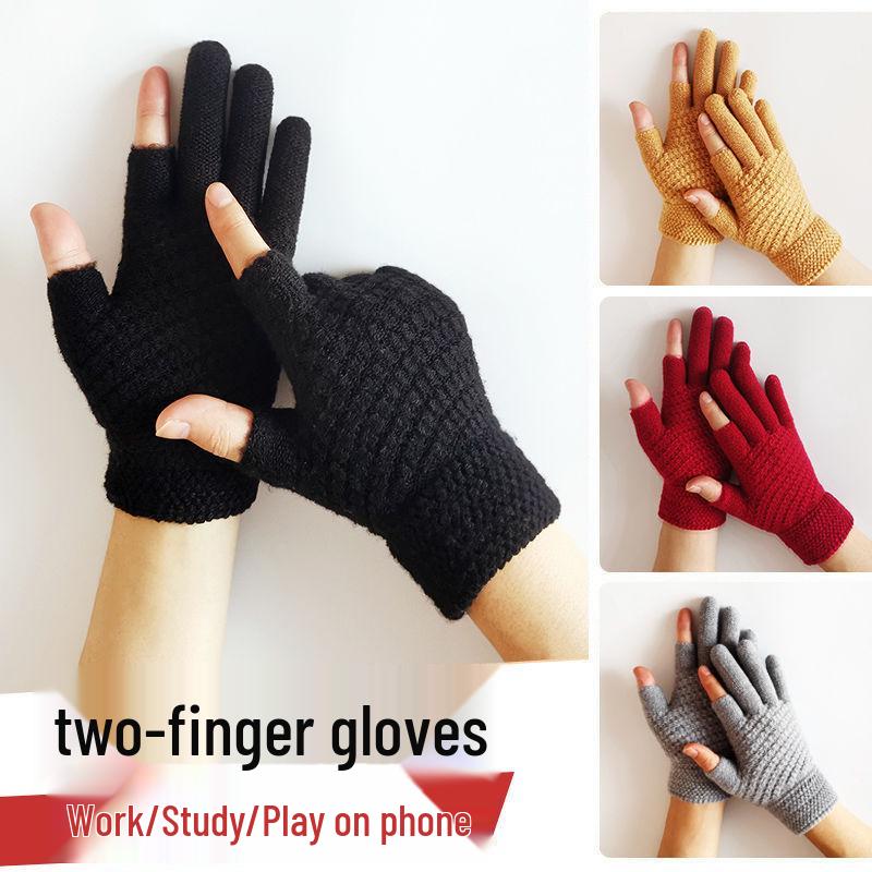 

Winter Thick Knit Touchscreen Half-Finger Gloves, Reverse Stitch Jacquard Plush, Student Style One Size
