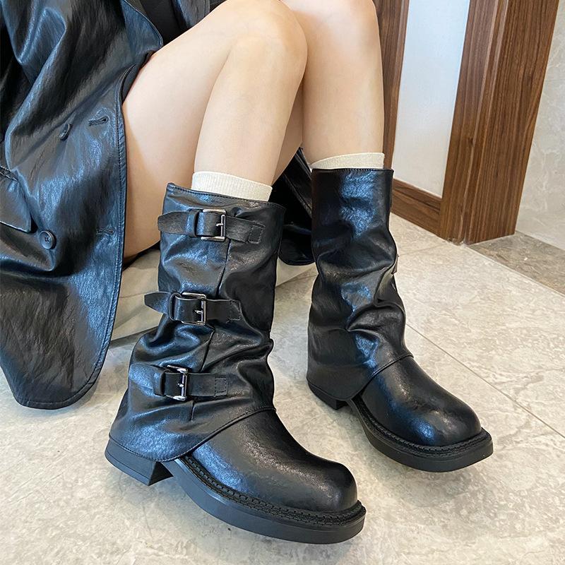 25-921 Retro Thick-heeled Medium Boots Knight Boots 2025 Spring and Autumn New Thin Piled Small Short Boots Niche Women's Shoes