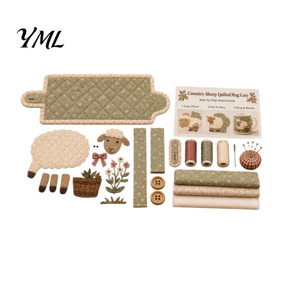 Quilted Mug Sleeve Pattern Farmhouse Friends Cozy Sewing Kit, DIY Animal Cup Craft, Handmade Fabric Craft Supplies Project with Festive Patterns,
