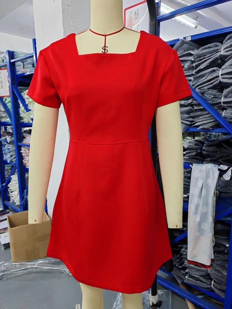 Women's Casual Fashion A-line Skirt Square Tie Button Color Dress