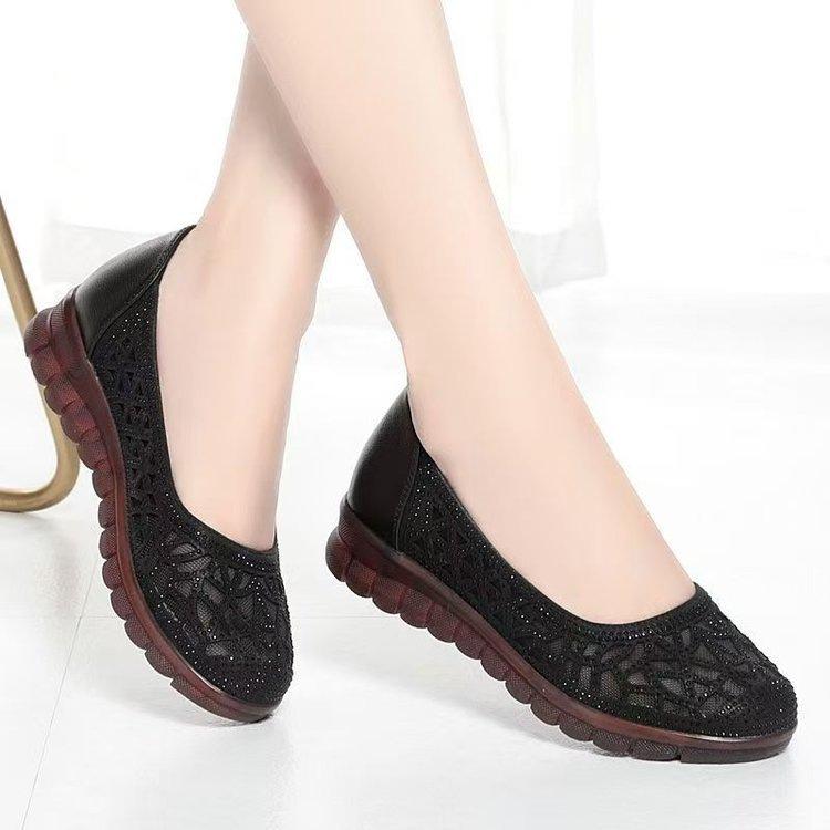 Mesh soft leather summer flat-bottomed sandals hollow breathable thin single shoes beef tendon soft-soled shoes