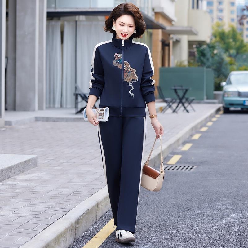 

Вышитый кардиган и топ для женщин среднего возраста - Весенне-осенняя повседневная спортивная одежда 1XL (90-105 catty) темно-синий