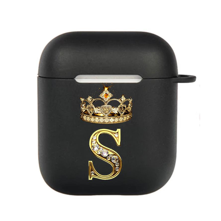 Diamond Crown Letter 26 With Hook Case For AirPods 2 3 1 Cases For Apple AirPods Pro 2 Coque Black TPU Soft Earphone Cover