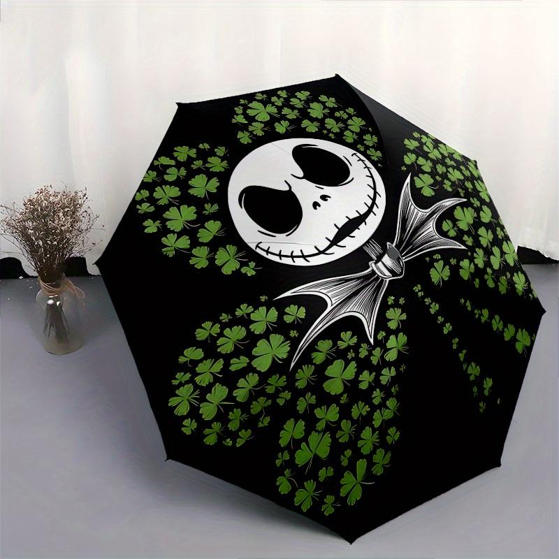 1 Automatischer Öffnungs-Schirm mit Jack Skellington und Kleeblatt-Motiv, Bunt, 8 Speichen, Tragbar, für Damen und Herren, Ein Kompakter Begleiter für den Weg zur Arbeit, Geeignet für D