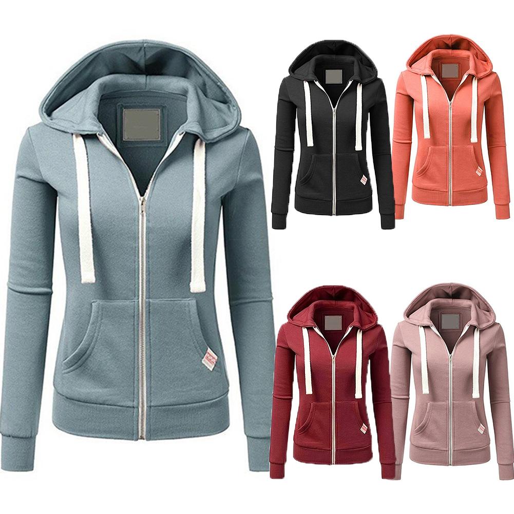 Casual Hoodies Women Autumn Winter Outdoor Sport Solid Color Long Sleeve Hoodies Pockets Zipper Sports Coat Top-s Hoodie Women