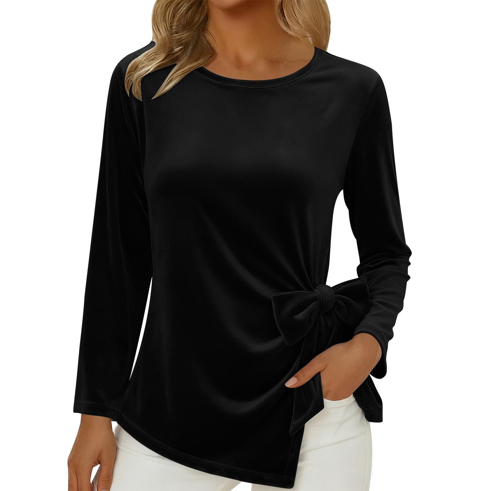 

Women s Fashion Color Round Neck Side Bow Shirt Long Sleeve Casual Top M чорний