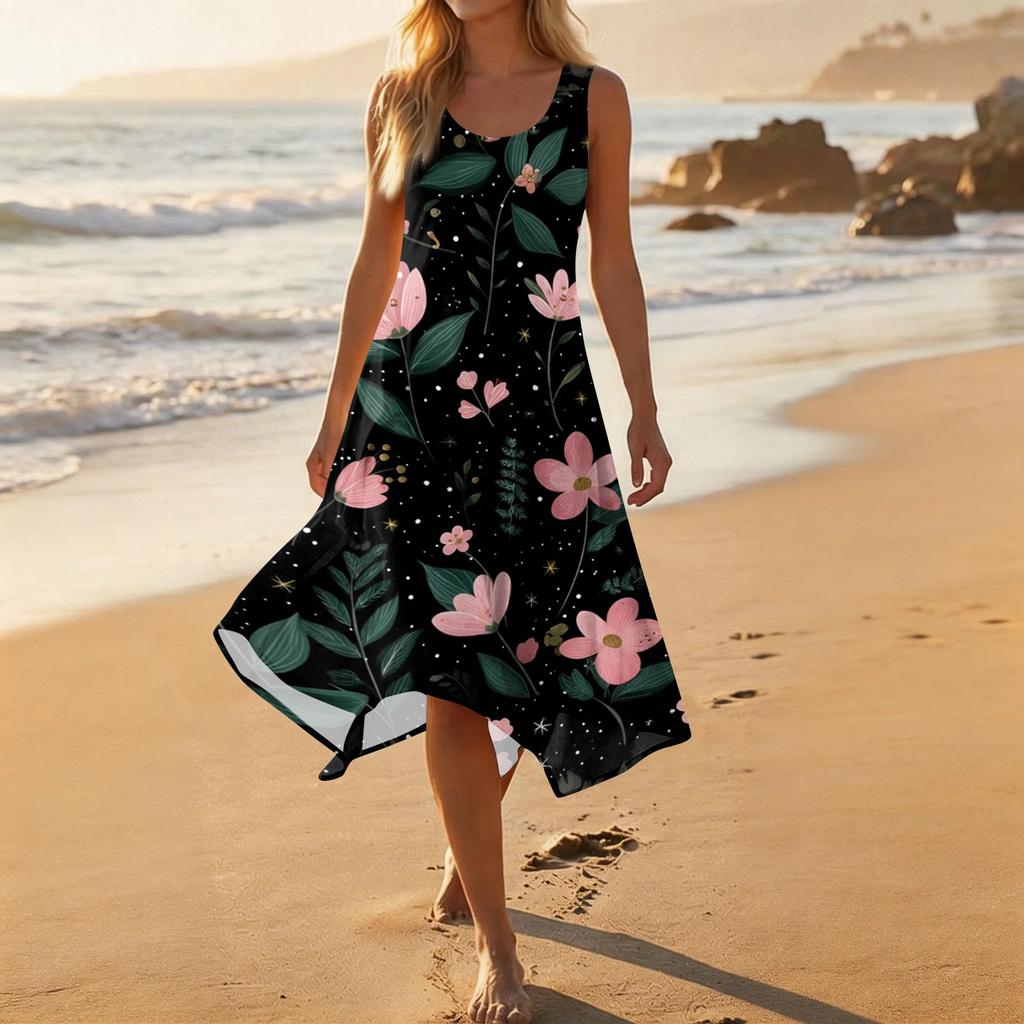 Women Sleeveless Casual Floral Print Dress Round Neck Irregular Hem Mid Length Summer Dress