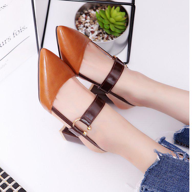 New sandals women's British fashion pointed back empty metal buckle thick heel high heels
