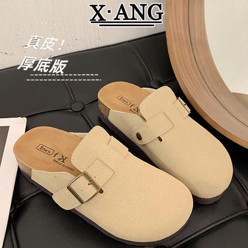 Leather cork bottom children's baotou half slippers outside wear spring and summer new one-pedal lazy shoes