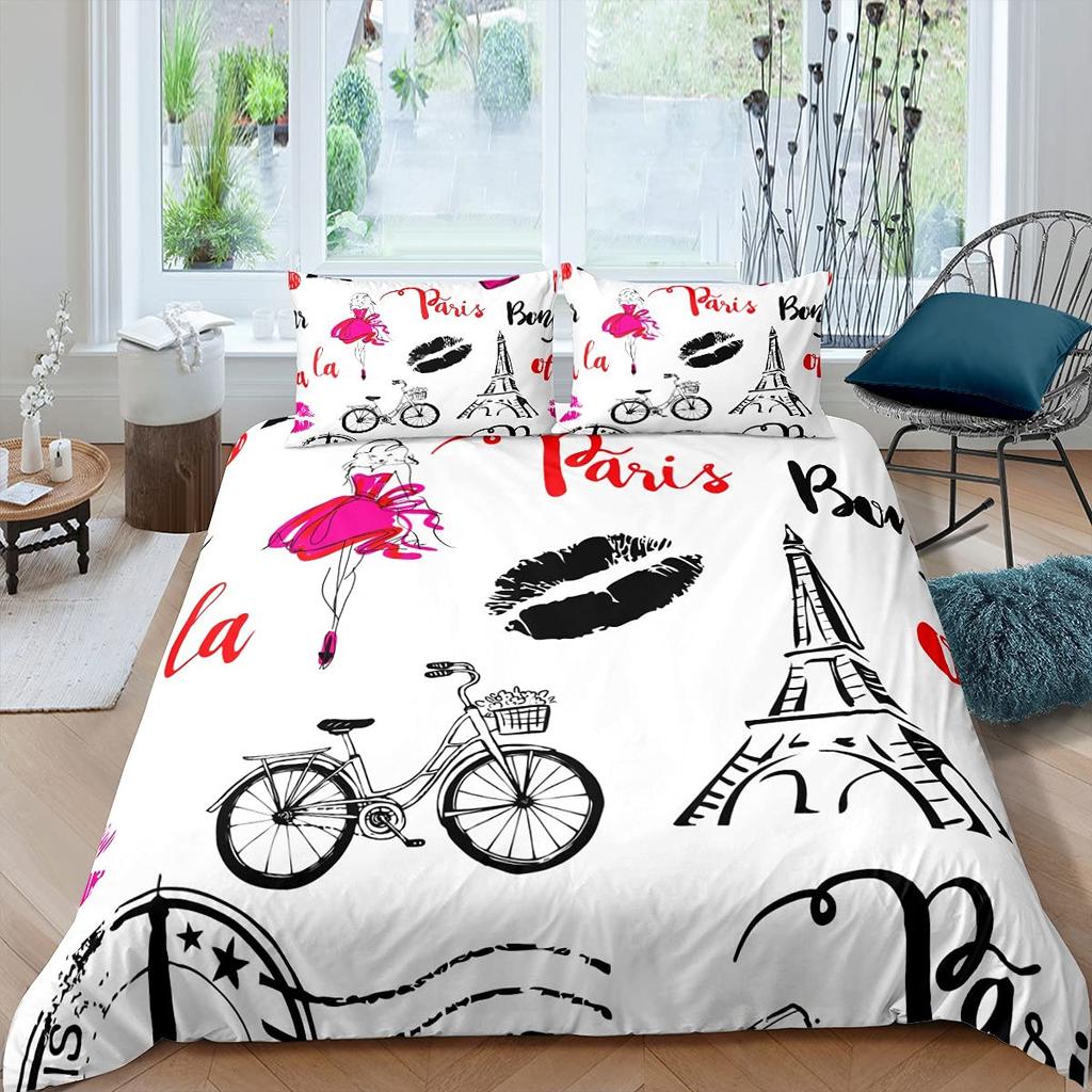 Eiffel Tower Duvet Cover Set King Size Love Heart Bedding Set Paris City Polyester Building Set For Girls France Urban Style