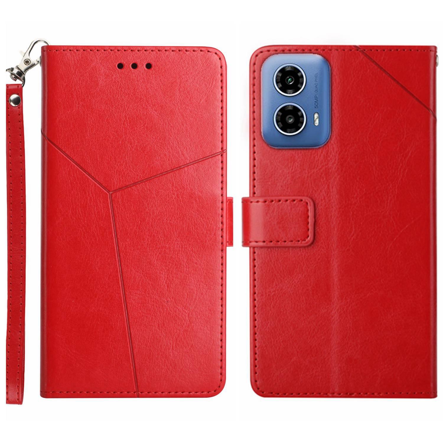 

For Motorola Moto G85 5G/S50 Neo 5G Case with Wrist Strap Y Shaped Lines Imprint Leather Phone Cover Red