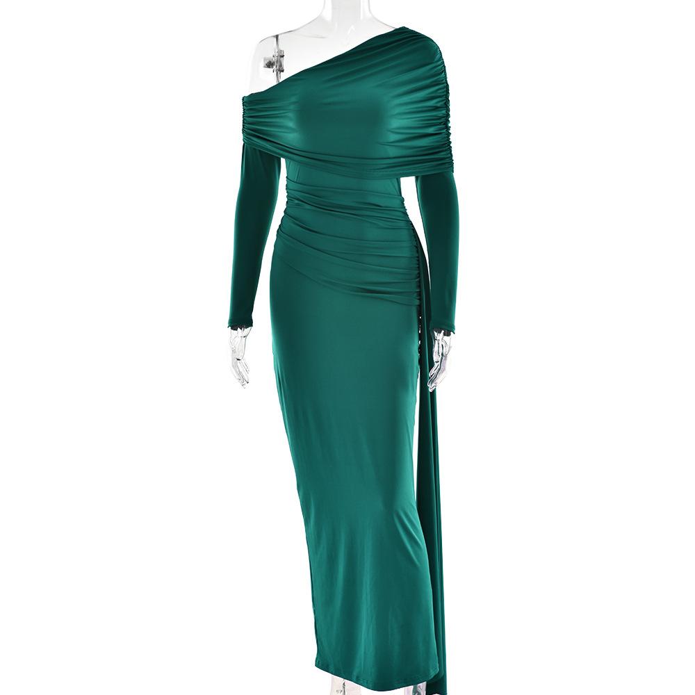 Women's One Shoulder Long Sleeve Maxi Dress Fitted High Waist Ruched Drape Sash Bodycon Evening Gown