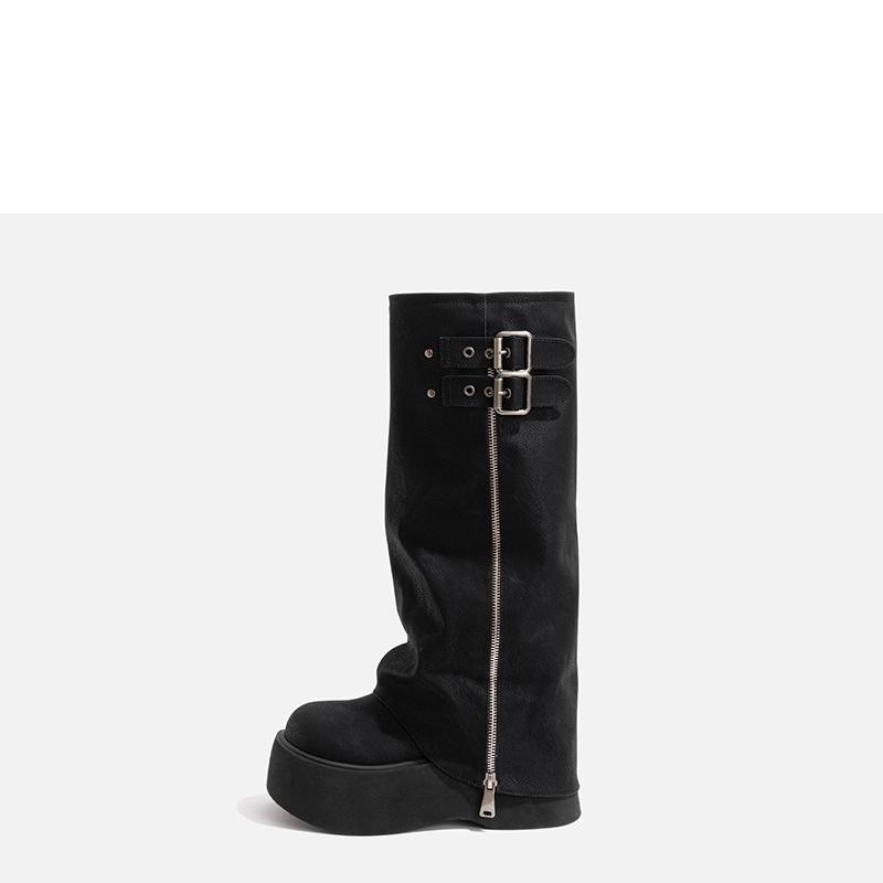 Boots Women's Thick Soles Increase 2025 New Retro Metal Buckle Long Boots Small Trousers Muffin Knight Boots